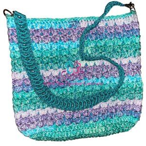 Handmade Crocheted Handbag Shoulder Bag Purple Teal Blue Stripes Mermaid Purse
